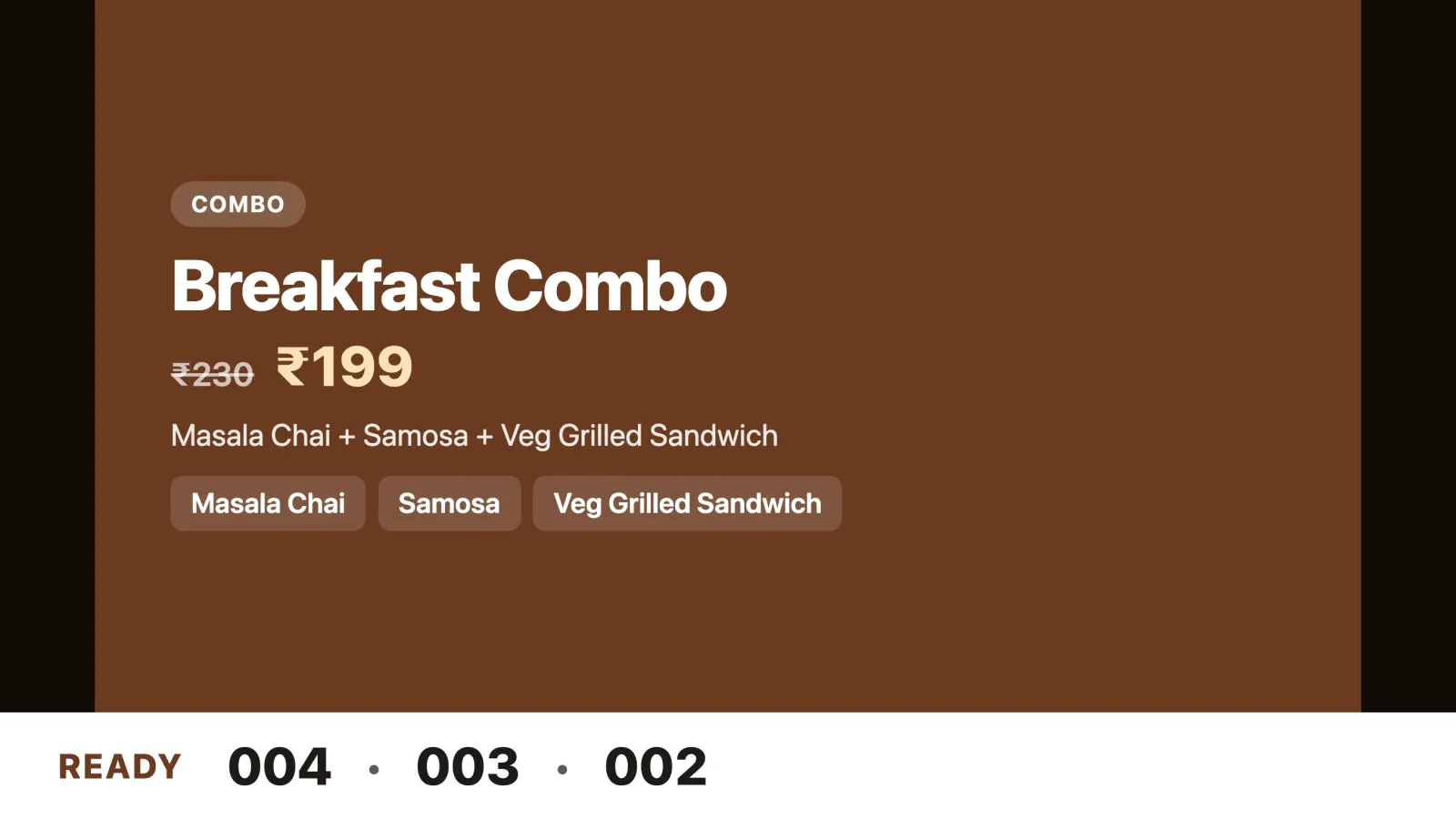 Customer display showing the Breakfast Combo at ₹199 and ready order numbers 004, 003 and 002