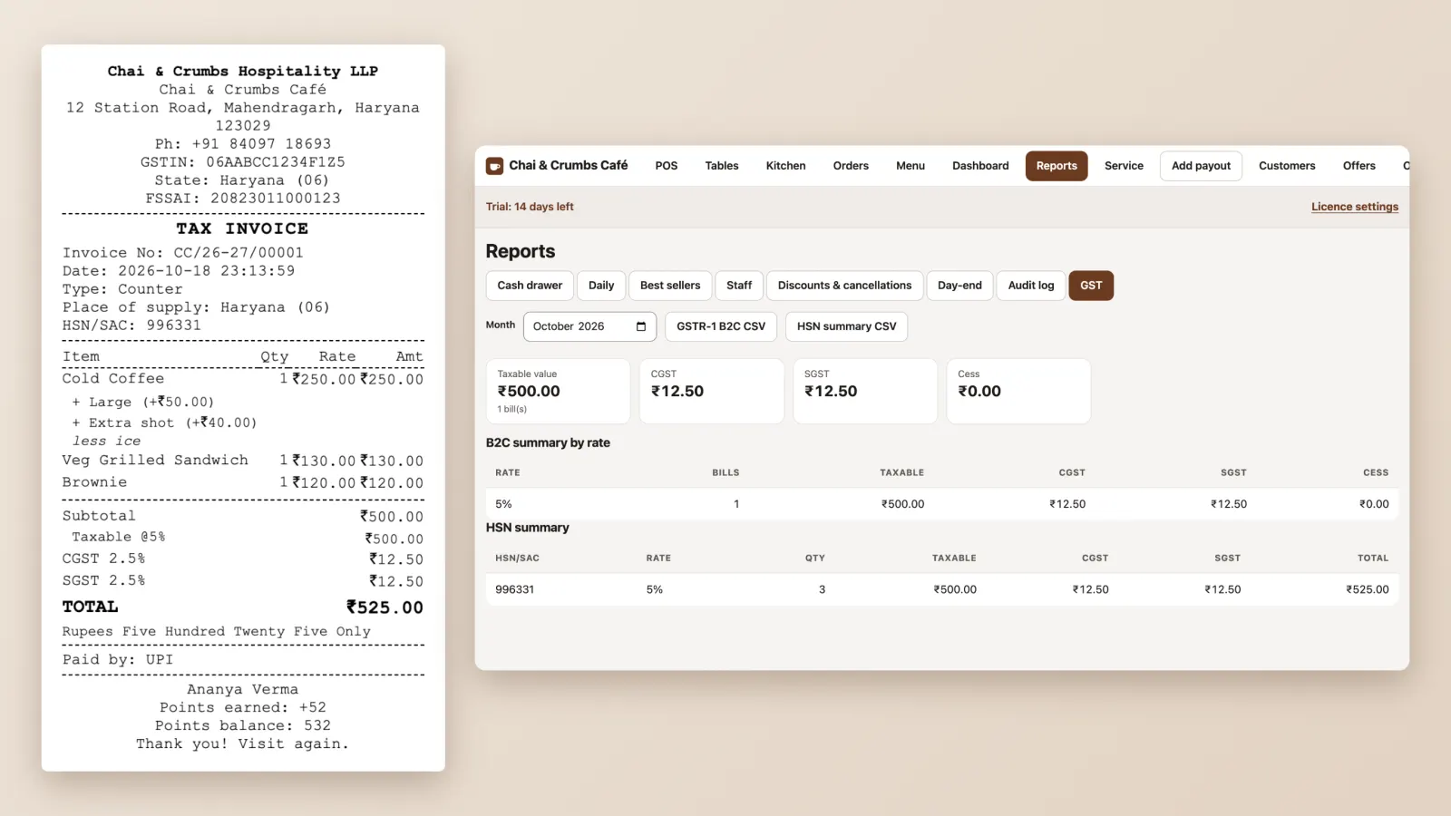 Tax invoice with GSTIN, HSN/SAC, taxable value and amount in words, next to Reports → GST