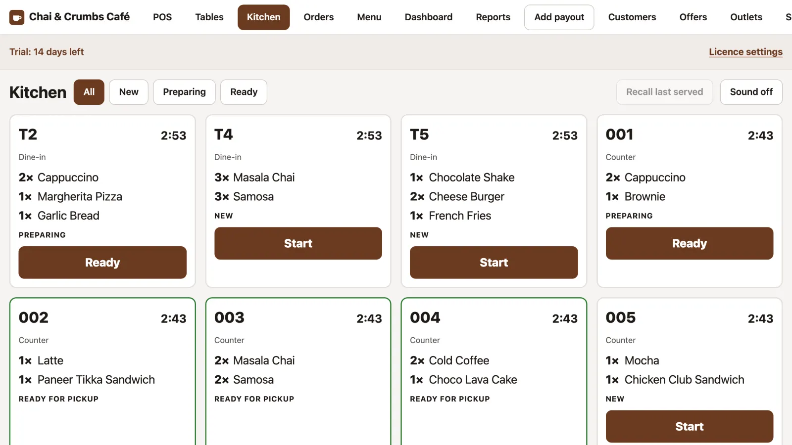 Kitchen screen with tickets for tables T2, T4 and T5 and counter orders, each with Start or Ready buttons and a timer