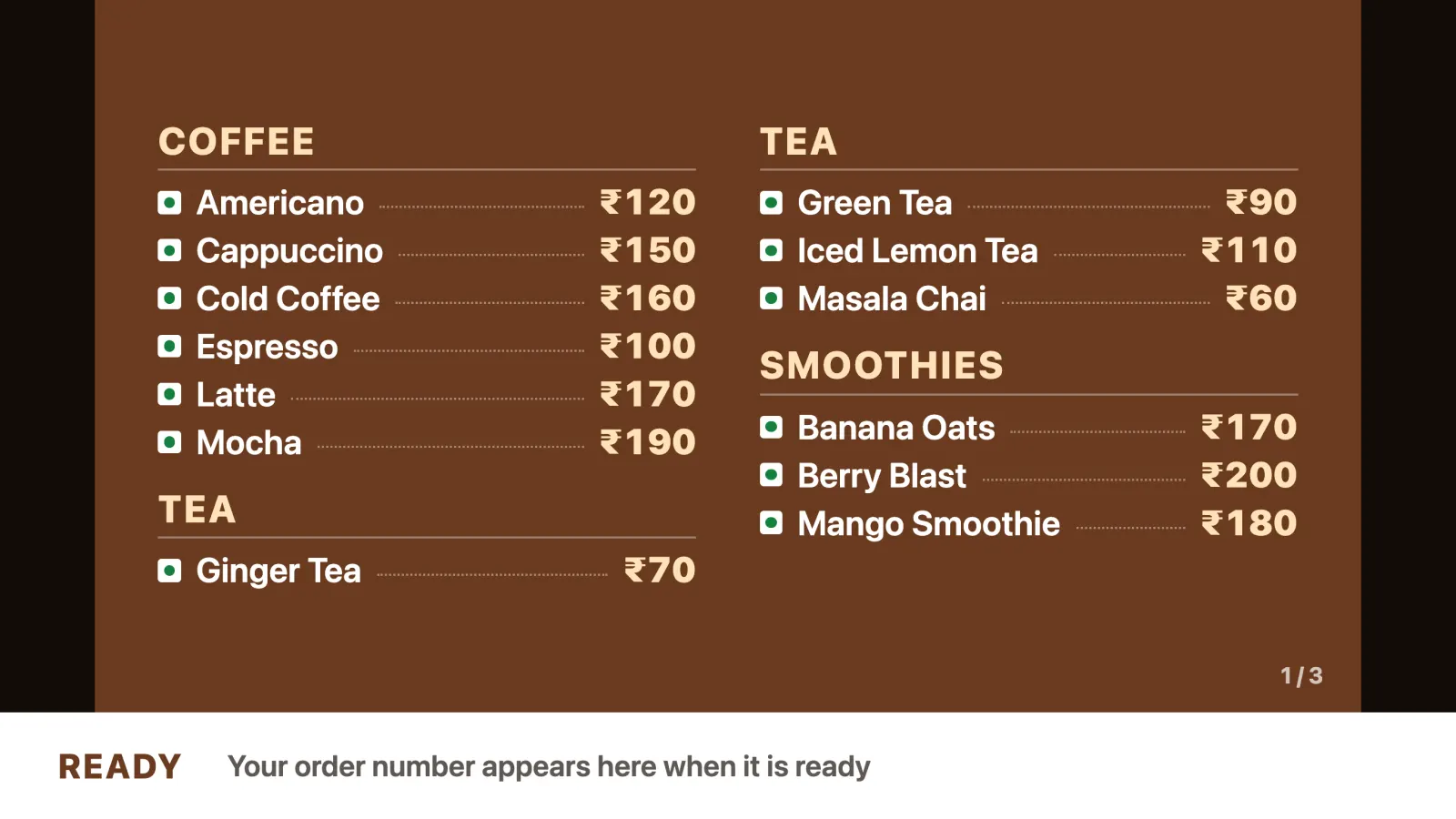 Menu board on the customer display: Coffee, Tea and Smoothies with veg marks and prices