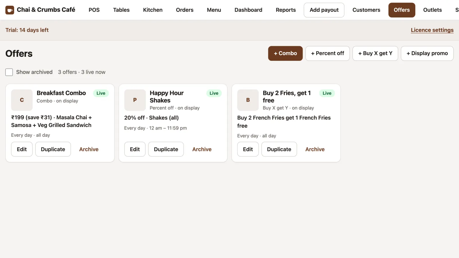 Offers page with three live offers: Breakfast Combo, Happy Hour Shakes and Buy 2 Fries get 1 free