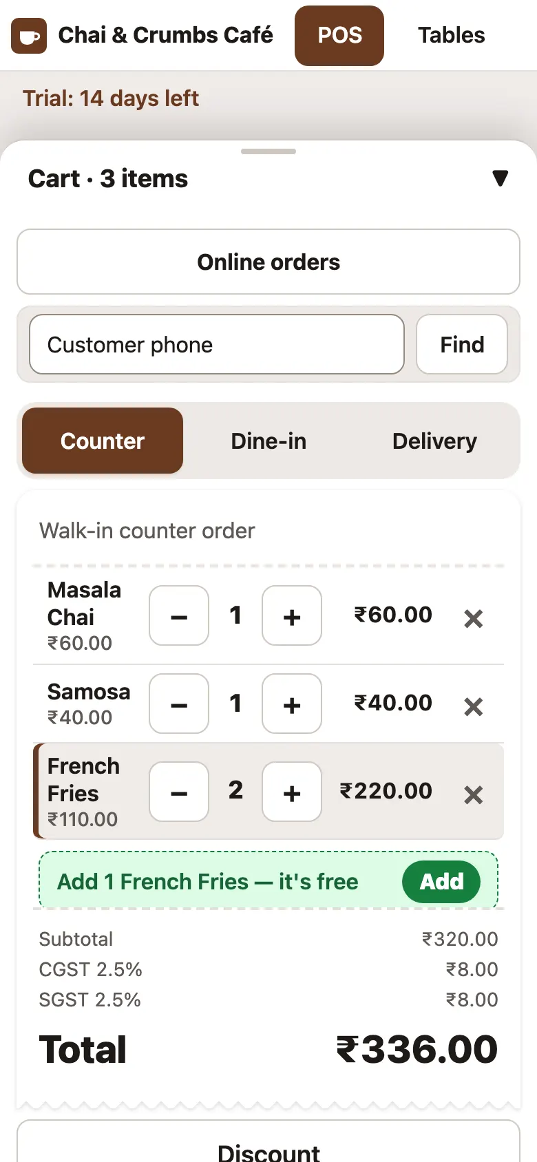 TapTill on a phone: cart with Masala Chai, Samosa and two French Fries, and a suggestion to add one French Fries free
