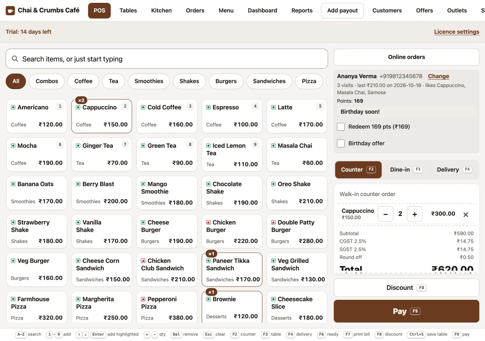 Billing screen with customer Ananya Verma selected: 3 visits, favourites, 169 points, a birthday reminder and options to redeem points or apply the birthday offer