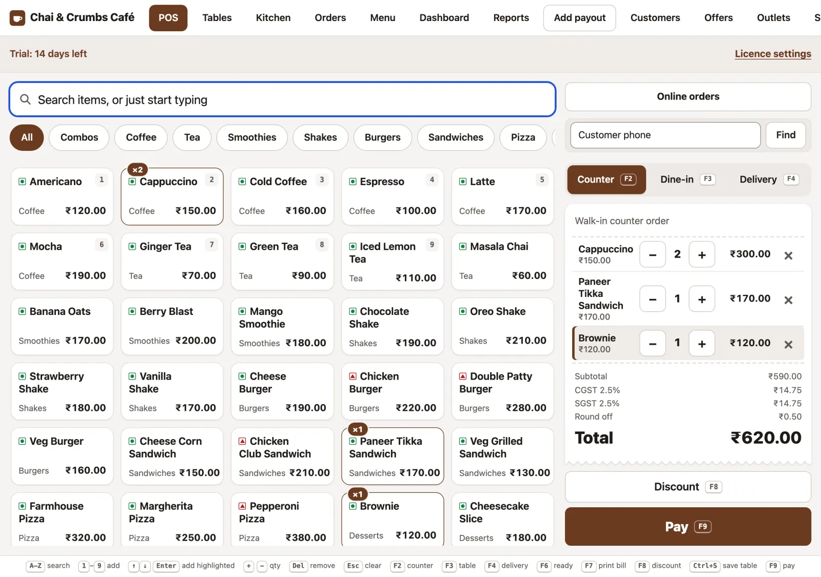 TapTill billing screen: item tiles on the left, a counter order with Cappuccino, Paneer Tikka Sandwich and Brownie on the right, with GST and the total worked out