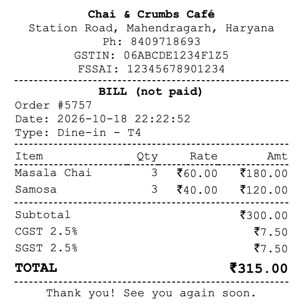 A printed TapTill bill for table T4 showing GSTIN, CGST and SGST
