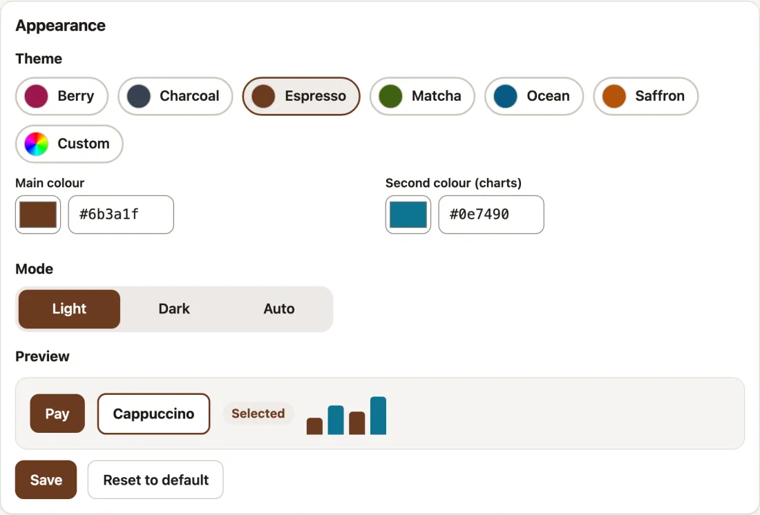 Appearance settings with theme presets Berry, Charcoal, Espresso, Matcha, Ocean, Saffron and Custom, light and dark mode, and a preview