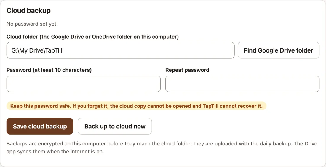 Cloud backup settings: Google Drive folder, password fields and a warning to keep the password safe