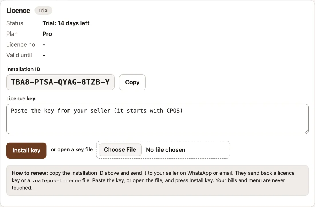 Licence settings: trial status, plan name, the Installation ID with a Copy button, and a box to paste the licence key