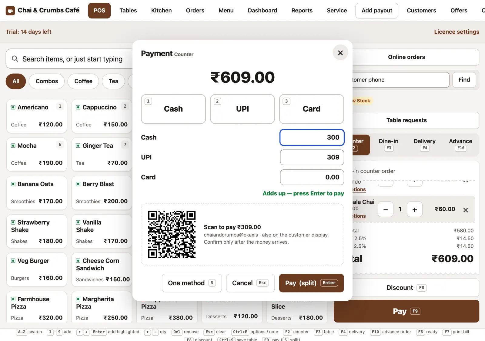 Pay window with the bill split as ₹300 cash and ₹309 by UPI