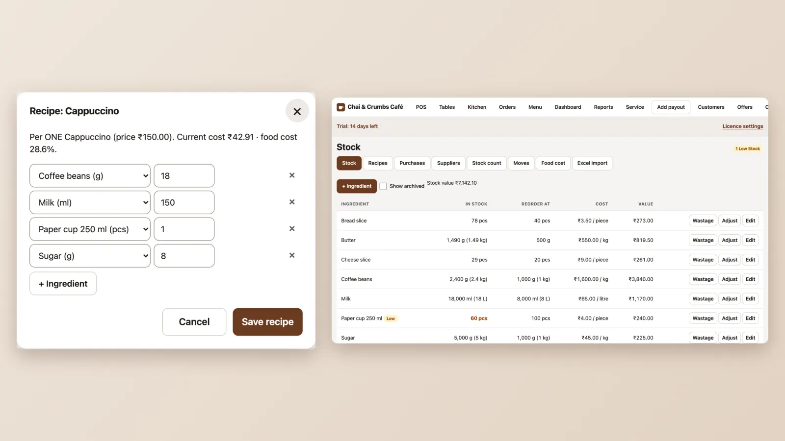 Recipe for a Cappuccino with its food cost, next to the ingredient list with a low-stock warning