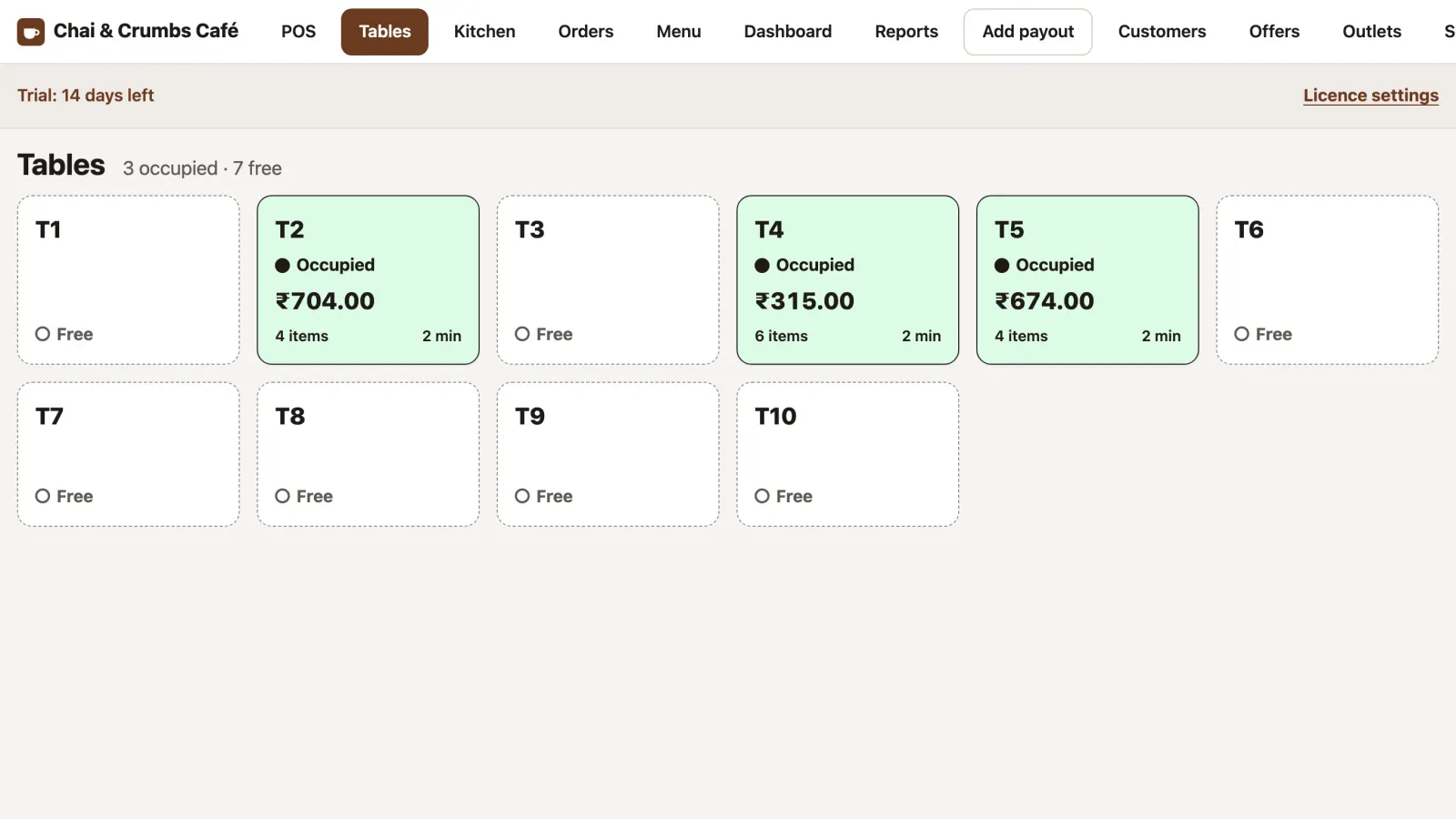 Tables screen: T2, T4 and T5 occupied with running totals, the rest free