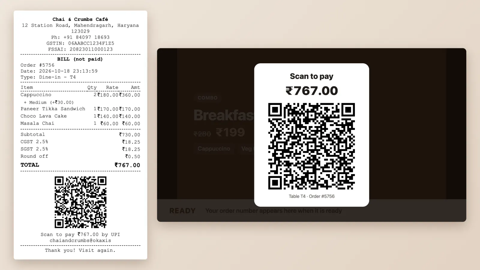 Unpaid table bill with a UPI QR for the exact amount, and the same QR on the customer display